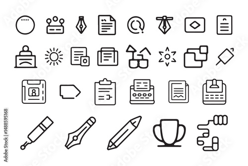 Collection of Simple Black Line Art Icons Related to Writing, Publishing, and Design