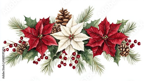 Fototapeta Naklejka Na Ścianę i Meble -  A festive watercolor painting showcasing a classic Christmas arrangement.