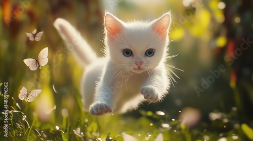 A playful white kitten leaps joyfully through a sunlit garden filled with colorful butterflies and lush greenery, capturing the essence of innocence and nature's beauty.