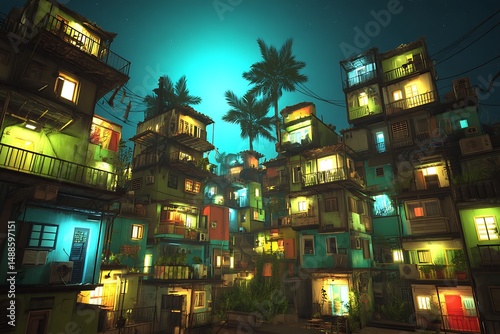 Urban favela architecture under a dreamy sky