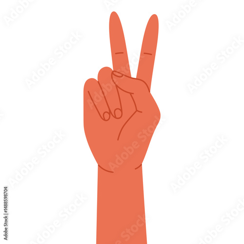 Human hand showing  number two with index and middle fingers raised. Finger-counting. Math and education. Sign language or counting concept. Vector illustration in cartoon style. Isolated on white