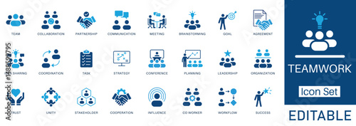 Teamwork icon set. Symbols of collaboration, leadership, strategy, partnership, productivity, and success for professional business and organizational growth.