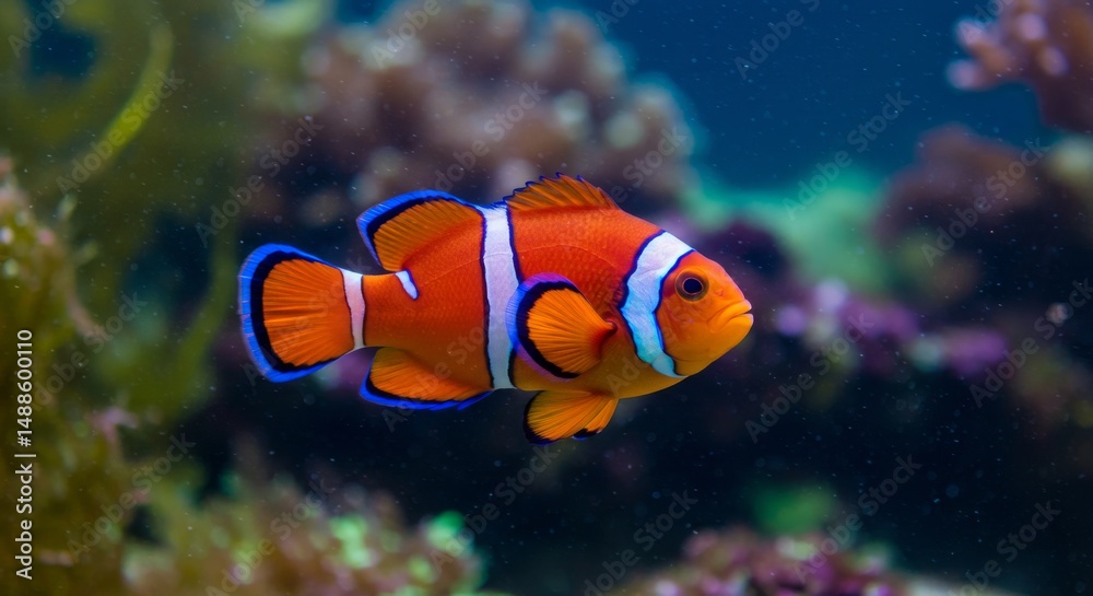 Obraz premium Vibrant Orange Clownfish in Reef Habitat - A stunning close-up of a bright orange clownfish swimming amidst vibrant coral reef. Perfect for marine life, ocean, and aquarium themes