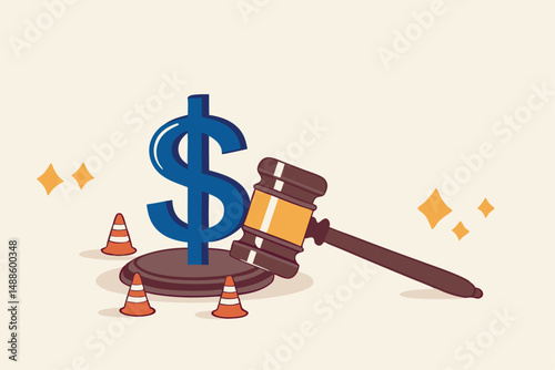 Workers compensation, insurance providing wages replacement, employee injured benefit, legal or law to compensate payment concept, justice gavel with dollar money symbol and accident pylons.