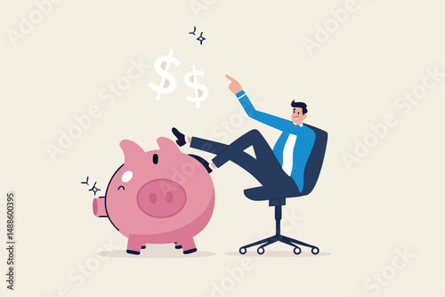 Personal finance expert, success salary man with high saving rate, investment or wealth management, income tax concept, confidence businessman sit with wealthy piggy bank thinking about money profit.