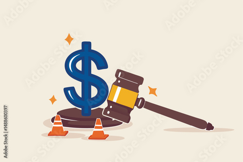 Workers compensation, insurance providing wages replacement, employee injured benefit, legal or law to compensate payment concept, justice gavel with dollar money symbol and accident pylons.