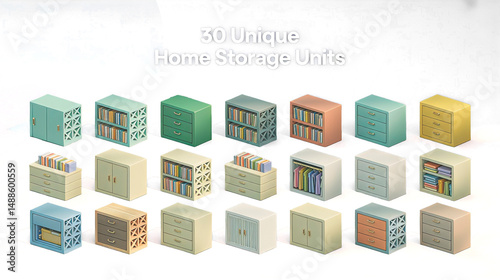 An isometric icon set featuring 30 unique home storage units. Depict a variety of cabinets, dressers, bookshelves, and storage racks. Use a consistent color palette and subtle shadows for depth.