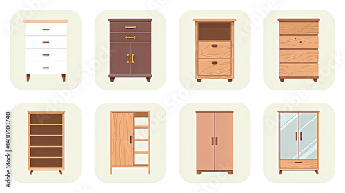 icon set of 6 to 10 different furniture pieces used for storage in a home, front view. Include a variety of cabinets, dressers, shelving units, and wardrobes. The icons should be in a flat, vecto