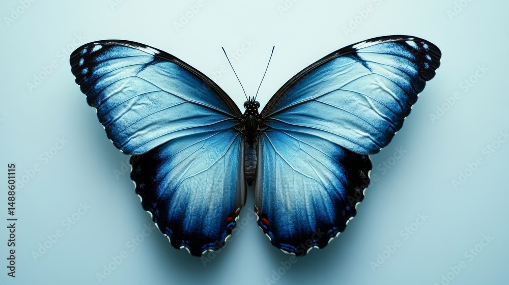 Fototapeta premium A blue butterfly with panoramic view is isolated on a white background