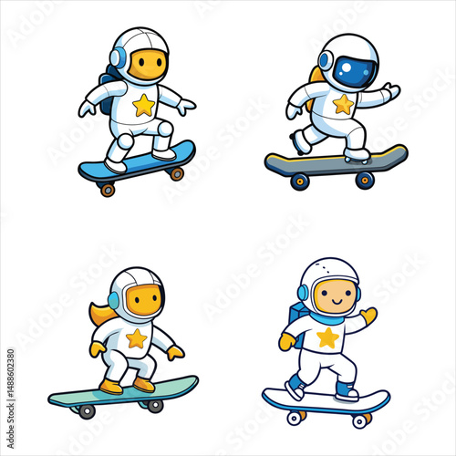Astronaut Playing Skateboard With Star Cartoon 