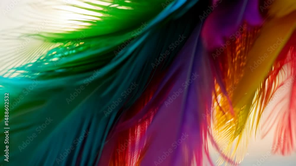 Abstract composition of vivid multicolored feathers arranged artfully, exhibiting iridescence and vibrant textures against a soft backdrop