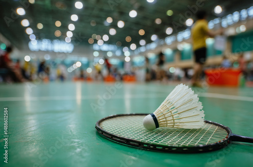 A badminton racket and shuttlecock on the ground in front of people playing, wide angle, indoor sports hall background