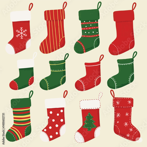 Twelve Christmas socks with different designs.