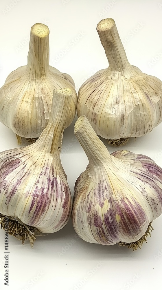 Obraz premium Garlic bulbs and cloves displayed on clean white background