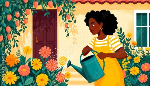 Woman watering flowers in a vibrant garden outside her home during a sunny day