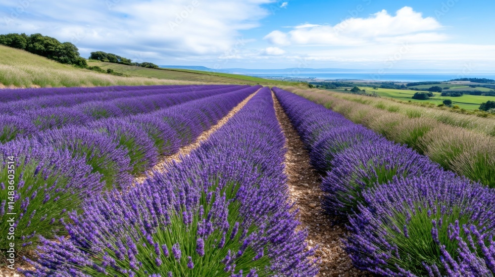 Fototapeta premium Rows of vibrant lavender bloom across undulating hills, creating a stunning contrast against a bright blue sky filled with fluffy clouds. This serene landscape showcases nature's beauty