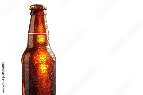 An ice cold amber beer bottle glistening with condensation ready to quench thirst on a hot on transparent background photo