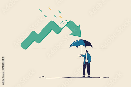 Protect from stock market crash, insurance to protect from risk or uncertainty, investment margin of safety concept, businessman investor holding strong umbrella ready for downturn arrow graph.