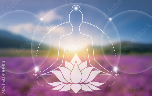 Woman sitting in lotus position and meditating. Sacred Lotus flower, symbol of yoga, spa, beauty salon, cosmetics, relax, brand style. flows of energy and particles, blurry colorful nature background