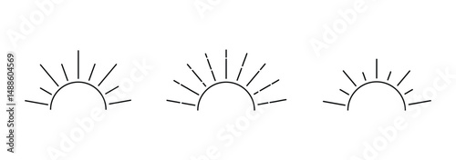 Minimalist black line icon of sun rising or sunset setting over ocean waves, isolated on white background, symbol of travel, peace and nature. Daylight business concept. Sun icon in flat style. 