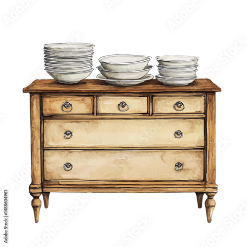 Wooden Sideboard With Elegant Dinnerware, watercolor drawing vector, high quality, isolated on a white background.