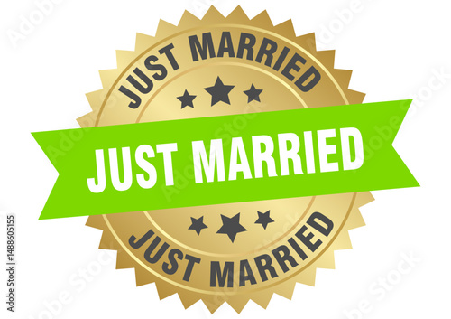 just married. just married round green and gold label isolated on transparent background