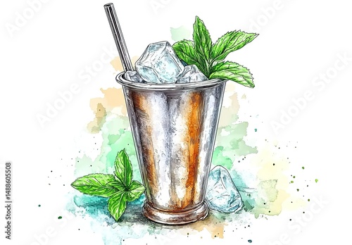 Mint Julep Cocktail with Ice and Mint Leaves