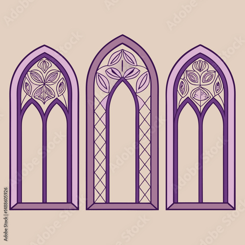 Three gothic style arched stained glass windows with floral and geometric design