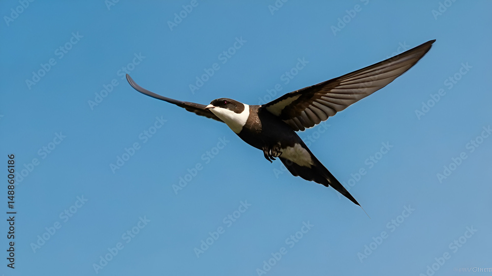 Obraz premium White-throated needletail soaring at full speed against a bright blue sky