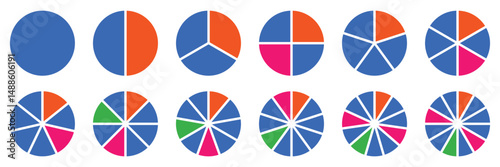 Pie chart color icons. Segment slice sign. Circle section graph. 1,2,3,4,5 segment infographic. Circle section graph, Pie chart round. Loading bar set diagram multicolored collection. eps 10