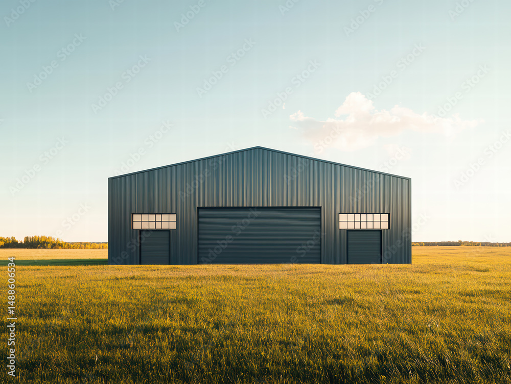 Obraz premium Industrial Structure in Open Field: A sleek, modern industrial building stands majestically in a sun-drenched open field.