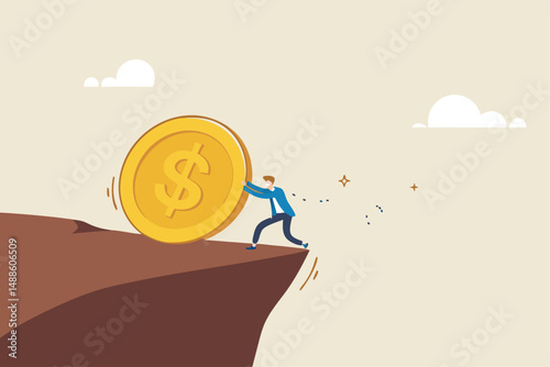 Debt, loan payment or mortgage problem, financial failure or investment risk, bankruptcy, spending or money mistake concept, frustrated businessman try so hard to push huge money coin from the cliff.