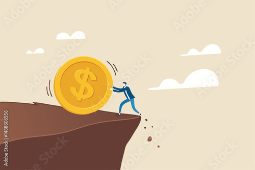 Debt, loan payment or mortgage problem, financial failure or investment risk, bankruptcy, spending or money mistake concept, frustrated businessman try so hard to push huge money coin from the cliff.