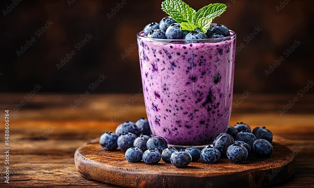 A refreshing glass of blueberry smoothie with mint leaves, surrounded by fresh blueberries on a wooden surface. The background is blurry