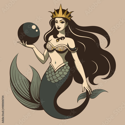 Elegant mermaid with crown holding pearl in a vintage style illustration