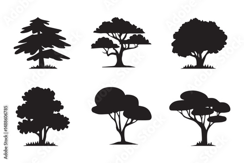 Tree silhouettes with an umbrella and autumn rain elements in vector design