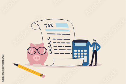Income tax filing, calculate revenue and filling tax form, expert complete checklist for all reduction, refund and payment concept, expertise businessman completed tax filing form with calculator.
