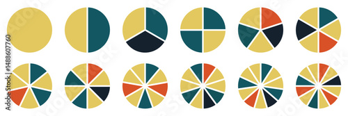 Pie chart color icons. Segment slice sign. Circle section graph. 1,2,3,4,5 segment infographic. Circle section graph, Pie chart round. Loading bar set diagram multicolored collection. eps 10