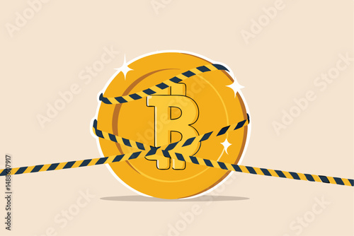 Bitcoin crypto currency banned, government monetary policy, Cryptocurrency crash or digital crime investigation concept, precious high value bitcoin wrap with investigation crime scene yellow tape.