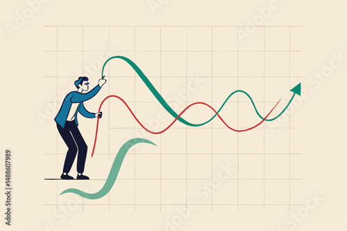 Stock market manipulation, control or influence crypto currency price or benefit or profit from investment authority concept, businessman market manipulator play battle rope to control market graph.