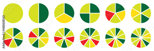 Set of infographic circle chart, pies segmented with equal parts, Wheels divided in eleven sections, Wheel round diagram part symbol. Three phase, six circular cycle. Geometric element. eps 10