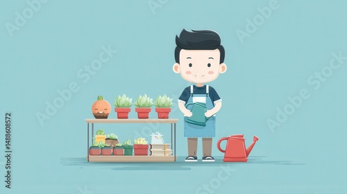 Cartoon Gardener with Plants and Watering Can Illustration