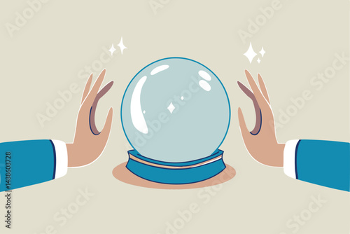 Business forecast, investment stock market prediction or super power to see future, fortune teller to see opportunity concept, businessman hand with magical power see forecasting on crystal magic ball