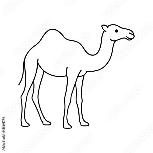 A fun cartoon vector illustration depicts a wild desert animal, the camel, in silhouette art