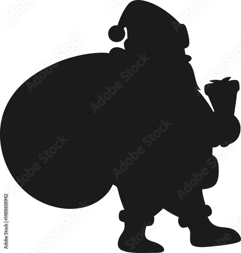 Silhouette of Santa Claus Carrying a Heavy Bag Full Presents