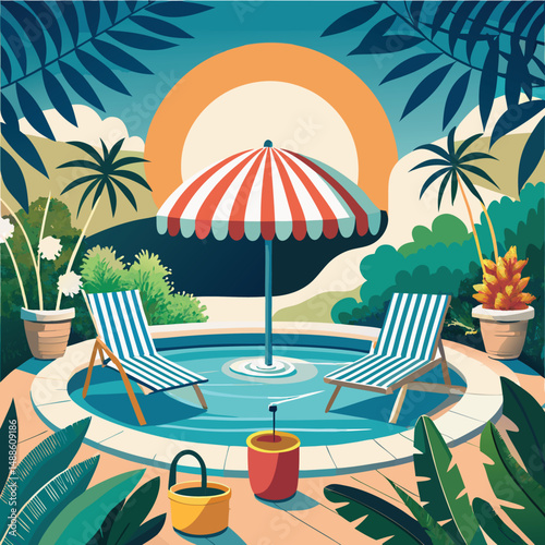 Tropical poolside scene with striped umbrella lounge chairs and palm trees summer vacation