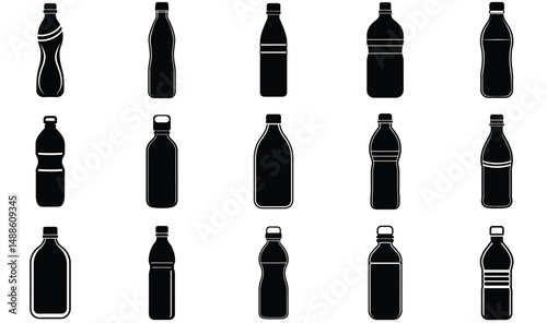Water Bottle Silhouette Set – Vector Illustration of Reusable, Plastic, and Sports Bottles for Hydration, Fitness, and Drinkware Design Projects