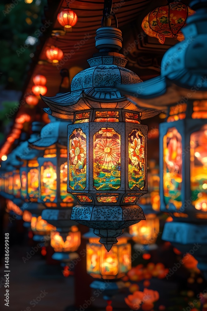 Fototapeta premium Japanese Festival Lanterns in Night Scene Rendered in 3D Clay