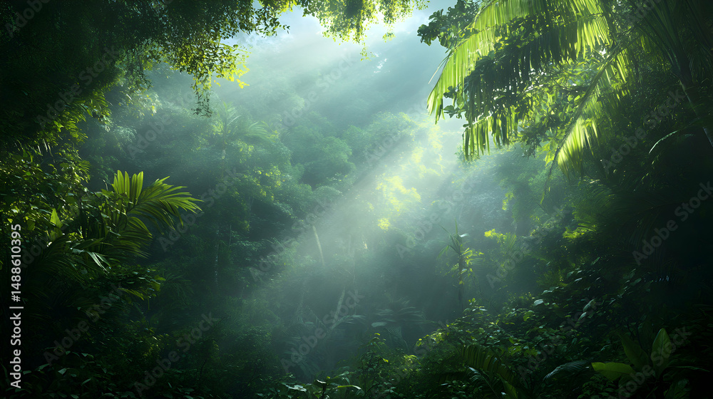 Fototapeta premium Enchanting Sunlight Filtering Through Lush Tropical Rainforest Canopy