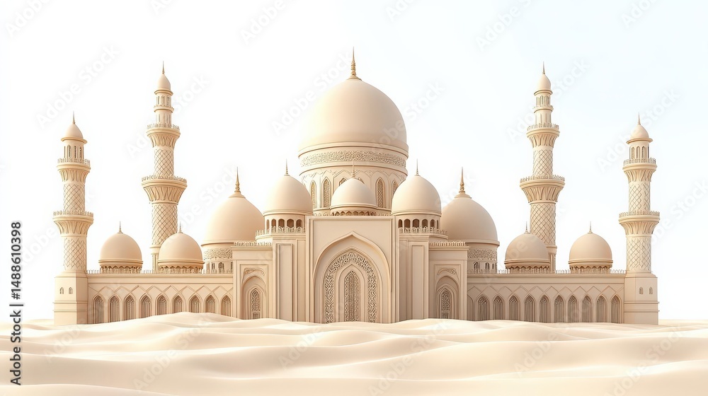 Obraz premium Illustration of a grand palace with domes and minarets in a desert setting.